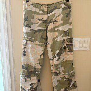 Y2K Womens Army Green White Camo Cargo Low Rise Utility Baggy Loose Fit Pants